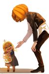  1girl ahoge artoria_pendragon_(all) child coat distress dress eyebrows eyebrows_visible_through_hair fate/stay_night fate_(series) gilgamesh halloween hand_on_hip jack-o'-lantern jar jisue10 long_sleeves looking_up open_mouth outstretched_hand ponytail saber scared squatting tears wavy_mouth 