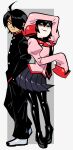  1boy 1girl ahoge araragi_koyomi arm_on_own_head arm_up black_eyes black_hair black_jacket black_necktie black_pants black_pantyhose black_shirt black_shoes black_skirt bob_cut breasts closed_mouth frown gakuran grey_background hair_between_eyes hair_over_one_eye highres jacket juliet_sleeves loafers long_sleeves looking_at_viewer monogatari_(series) naoetsu_high_school_uniform necktie oshino_ougi pale_skin pants pantyhose parted_lips pink_shirt pleated_skirt puffy_sleeves red_trim sanpaku school_uniform shaded_face shiny_clothes shirt shoes short_hair simple_background skirt sleeves_past_fingers sleeves_past_wrists small_breasts smile smirk standing teknodice turtleneck undershirt v-shaped_eyebrows v-shaped_eyes white_background white_shoes 