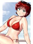  1girl benten_(urusei_yatsura) bikini breasts cleavage eyewear_on_head green_eyes highres kenken28937178 large_breasts looking_at_viewer navel red_bikini red_hair short_hair smile solo sunglasses swimsuit urusei_yatsura 