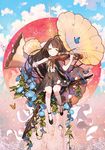 :o ahoge bad_id bad_pixiv_id bird brown_hair bug butterfly closed_eyes dress flower highres insect instrument kneehighs long_hair morning_glory music original petals playing_instrument shoes solo uzubilla very_long_hair violin white_legwear 