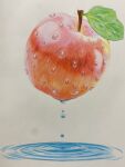  absurdres aotuking apple colored_pencil_(medium) commentary_request food food_focus fruit highres no_humans original photorealistic realistic ripples simple_background still_life traditional_media water water_drop 