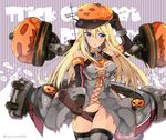  adapted_costume anchor arm_up bangs bare_shoulders between_breasts bismarck_(kantai_collection) black_panties blonde_hair blue_eyes blush breasts broom broom_riding brown_gloves character_name cleavage closed_mouth collarbone commentary_request cowboy_shot detached_sleeves eyebrows eyebrows_visible_through_hair gloves hair_between_eyes halloween hand_on_headwear hat holding jack-o'-lantern kantai_collection large_breasts long_hair looking_at_viewer military military_uniform navel orange_ribbon panties peaked_cap ribbon rigging sidelocks sleeve_cuffs smile solo stomach striped striped_background suzuki_toto thighhighs twitter_username underwear uniform 