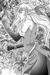  bangle bare_shoulders belt black_gloves black_legwear bracelet closed_eyes dress elbow_gloves fingerless_gloves fire_emblem fire_emblem:_akatsuki_no_megami flower gloves grass greyscale hair_ribbon half_updo highres jewelry long_hair lying micaiah monochrome on_side pantyhose ribbon side_slit sleeveless sleeveless_dress solo tooru_(furutoki) 