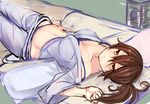  bra_strap breasts brown_eyes brown_hair cleavage clenched_hand cowboy_shot irohasu kaga_(kantai_collection) kantai_collection large_breasts looking_at_viewer lying on_back on_bed pajamas panties parted_lips pillow side_ponytail sketch solo underwear 