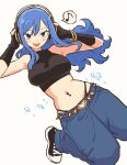  1girl alternate_costume bare_shoulders black_gloves black_shirt blue_hair blue_pants blush breasts commentary contemporary fairy_tail fingerless_gloves gloves headphones highres juvia_lockser large_breasts long_hair looking_at_viewer mamanooke midriff musical_note navel navel_piercing open_mouth pants piercing shirt smile solo spoken_musical_note 