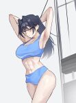  1girl abs absurdres armpits arms_up black_hair blue_buruma blue_eyes blue_sports_bra breasts buruma commentary english_commentary exercise_machine exercising hair_intakes highres hololive hololive_english large_breasts navel nurizza_ilst ouro_kronii ponytail solo sports_bra sweat toned toned_female virtual_youtuber 