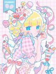  1girl absurdres blonde_hair blue_eyes blush commentary_request dot_nose dress food fruit grid_background highres hiro046k long_hair looking_at_viewer original parfait parted_lips pink_dress short_sleeves solo strawberry upper_body white_background 