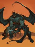  1boy absolute_batman absolute_dc axe back_spikes bat_mask batman batman_(absolute_dc) batman_symbol battle_axe belt bodysuit cowl dc_comics grey_bodysuit highres lifting_object male_focus multicolored_suit solo superhero_costume taurooaldebaran taut_bodysuit utility_belt weapon 