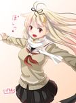  blonde_hair commentary_request fangs gradient_hair hair_flaps hair_ornament hair_ribbon hairclip hige_shinshi kantai_collection long_hair multicolored_hair open_mouth poi red_eyes remodel_(kantai_collection) ribbon scarf school_uniform serafuku smile solo sweater translated yuudachi_(kantai_collection) 