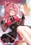  1girl :d absurdres aria_(discordant_note)_(zenless_zone_zero) aria_(zenless_zone_zero) black_bow black_bridal_gauntlets black_collar black_corset black_dress black_streaks blue_eyes bow breasts bridal_gauntlets collar commentary corset crossed_bangs double-parted_bangs double_v drawn_tail drawn_wings dress grin hair_between_eyes hair_bow highres indoors knee_up layered_dress looking_at_viewer lying medium_breasts multicolored_hair official_alternate_costume on_back on_bed pink_dress pink_hair quad_tails revision smile smilesmile1312 solo star-shaped_pupils star_(symbol) streaked_hair symbol-shaped_pupils v zenless_zone_zero 