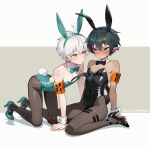  2boys absurdres all_fours alugard animal_ear_hairband animal_ears arknights arm_support artist_collaboration artist_name black_bow black_bowtie black_hair black_leotard blush bow bowtie brown_pantyhose commentary_request covered_navel crossdressing crossdressing_(mtf) dark-skinned_male dark_skin detached_collar fake_animal_ears faust_(arknights) green_bow green_bowtie green_eyes green_hairband green_leotard green_shoes hairband heart heart-shaped_pupils high_heels highleg highleg_leotard highres imawano_lem leotard male_focus mephisto_(arknights) multiple_boys nose_blush pantyhose pointy_ears rabbit_tail reunion_logo_(arknights) shoes short_hair sitting smile strapless strapless_leotard symbol-shaped_pupils tail traditional_bowtie twitter_username wariza white_hair white_wrist_cuffs wrist_cuffs 