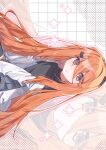  1girl a.i._voice absurdres adachi_rei alternate_hair_length_(longer) black_shirt commentary_request hamano_yui highres jacket long_hair looking_at_viewer open_clothes open_jacket orange_eyes orange_hair shirt sideways sitting solo utau white_jacket 