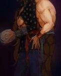  2boys black_shirt brown_pants commentary_request denisefanta eustass_kid highres holding holding_mask hug hug_from_behind killer_(one_piece) long_sleeves male_focus mask multiple_boys muscular muscular_male one_piece open_clothes open_shirt pants purple_background shirt topless_male yaoi 
