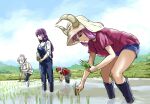  1boy 3girls :3 =_= aura_(sousou_no_frieren) bent_over blue_eyes blue_overalls boots contemporary demon_girl demon_horns elf fern_(sousou_no_frieren) frieren hat high_ponytail horns knee_boots multiple_girls overalls pointy_ears ponytail purple_eyes purple_hair red_hair rice_paddy rice_planting rubber_boots shorts sousou_no_frieren stark_(sousou_no_frieren) straw_hat sweatdrop torako_(toramaru) white_hair 