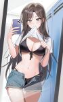  1040apap 1girl absurdres bikini black_bikini breasts brown_hair clothes_in_mouth commentary_request full-length_mirror genderswap genderswap_(mtf) green_shorts han_yoil highres holding holding_phone korean_commentary large_breasts long_hair looking_at_mirror looking_at_viewer mirror mirror_selfie navel phone purple_eyes selfie shirt short_shorts shorts solo swimsuit swimsuit_under_clothes thigh_gap thighs today's_han_yoil_is_a_woman white_shirt 