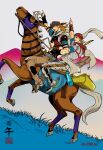  2boys araki_hirohiko_(style) beanie belt black_bridal_gauntlets blue_sleeves bridal_gauntlets brown_pants cape cowboy_hat cowboy_western feathers gold_teeth grass green_lips grey_belt grey_cape grey_hoodie grey_pants grey_sleeves gyro_zeppeli hat heart_ornament highres holding holding_reins hood hood_down hoodie horse horseback_riding horseshoe_hat_ornament horseshoe_ornament jjba_kk johnny_joestar jojo_no_kimyou_na_bouken long_hair male_focus multiple_boys orange_hair pants pointing pointing_up purple_mask red_hat red_hood red_shirt red_sleeves reins riding saddle shirt spurs star_(symbol) star_print steel_ball_run two-tone_sleeves valkyrie_(jojo) 