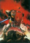  artist_name energy_sword fighting gundam highres lightsaber mecha red_background robot rx-78-2_gundam shield shmupdb smoke standing sword weapon zaku_ii 