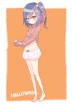 barefoot bloomers blush clothes_lift green_eyes hair_bobbles hair_ornament halloween lifted_by_self long_hair navel no_pants one_side_up orange_background original purple_hair ribbed_sweater side_ponytail solo sweater sweater_lift takasaki_yuuki turtleneck underwear 