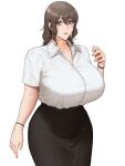  1girl absurdres arm_at_side black_skirt breasts brown_eyes brown_hair collared_shirt commentary_request cowboy_shot curvy double-parted_bangs dress_shirt hair_between_eyes hand_up highres hihizaru_badass huge_breasts light_smile looking_at_viewer mature_female medium_hair original parted_lips partially_unbuttoned shirt short_sleeves simple_background skirt solo taut_clothes taut_shirt tented_shirt wavy_hair white_background white_shirt wide_hips wing_collar wristband 