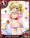  bikini bishop_(chess) blonde_hair blue_eyes breasts card_(medium) character_name chess_piece cleavage hair_ornament high_school_dxd horns looking_at_viewer medium_breasts navel official_art open_mouth orange_bikini ravel_phenex sheep sheep_horns sideboob solo swimsuit torn_clothes trading_card twintails underboob unzipped 