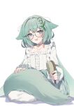  1girl absurdres blue_eyes bow brushing_tail center_frills collarbone commentary frills glasses hair_brush highres holding holding_hair_brush indie_virtual_youtuber long_hair open_mouth plant semi-rimless_eyewear shadow sleepiebug smile solo valefal_coneri virtual_youtuber white_background white_bow 