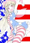  american_flag_dress american_flag_legwear armpits arms_up blonde_hair blush chikado clownpiece duplicate fairy_wings flat_color hat jester_cap jpeg_artifacts long_hair looking_at_viewer open_mouth pantyhose print_legwear red_eyes sleeveless smile solo star striped sweat touhou wings 