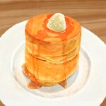  butter commentary_request food food_focus highres maple_syrup no_humans original pancake pancake_stack plate still_life tonekoya 