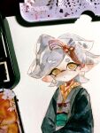  1girl bow-shaped_hair closed_mouth eyelashes grey_hair highres inkling japanese_clothes kimono looking_at_viewer marie_(kimono)_(splatoon) marie_(splatoon) mole mole_under_eye painting_(medium) photo_(medium) pointy_ears short_eyebrows short_hair splatoon_(series) splatoon_2 tentacle_hair thick_eyebrows traditional_media utopia_salut yellow_eyes 