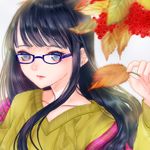  autumn_leaves aya_(3224697) bangs berries black_hair glasses highres holding holding_leaf leaf long_hair original solo sweater upper_body 