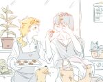 2boys apron baking_sheet blonde_hair bruno_bucciarati cat cross cross_necklace crossdressing dog eating feeding food giorno_giovanna hair_ornament indoor jewelry jojo_no_kimyou_na_bouken laundry_basket luminous_slime multiple_boys necklace pastry plant potted_plant short_hair simple_background sketch vento_aureo washing_machine 