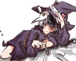  1girl alternate_costume breasts cleavage commentary_request dress from_side hat hololive hololive_english large_breasts light_blush looking_at_viewer mask mask_on_head multicolored_hair penguin_stamp plague_doctor_mask purple_dress purple_hat scissors shiori_novella simple_background solo split-color_hair virtual_youtuber white_background witch_hat yellow_eyes yorick_(shiori_novella) 
