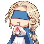  1girl absurdres blindfold blonde_hair blue_cloak border braid cassie_(shadow_slave) catphine chibi chibi_only cloak cowboy_shot dress drink_carton drinking highres holding holding_milk_carton hood hooded_cloak milk_carton shadow_slave sidelocks single_braid solo strawberry_milk white_border white_dress 