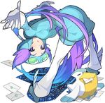  bent_over blue_eyes envelope gen_3_pokemon gloves helmet long_hair mail nagi_(pokemon) open_mouth pelipper pokemon pokemon_(creature) pokemon_(game) pokemon_oras ponytail purple_hair saitou_naoki white_gloves 