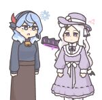  2girls ahoge ako_(blue_archive) alternate_costume artist_name bell belt_ribbon bib_collar blue_archive blue_eyes blue_hair blush_stickers cowbell dress enobun3gyo fluffy_hair flying_sweatdrops frilled_dress frills hair_ornament hair_ribbon hairclip halo hat hina_(blue_archive) loading_icon long_skirt mini_wings multiple_girls neck_ribbon open_mouth petticoat pom_pom_hat_ornament purple_eyes ribbon signature simple_background skirt surprised sweater white_hair wings 