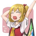  arms_up ascot blonde_hair blush closed_eyes colorized crystal fang flandre_scarlet hair_ribbon kitano_(kitanosnowwhite) no_hat no_headwear open_mouth pointy_ears puffy_sleeves ribbon shirt short_hair short_sleeves sketch solo tears touhou upper_body vest watermark wings yawning 