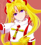  bad_id bad_pixiv_id bangs blonde_hair character_name chu_robo cross earrings expressionless forehead_jewel head_tilt jewelry kaitou_jeanne kamikaze_kaitou_jeanne kusakabe_maron layered_sleeves long_hair looking_at_viewer parted_bangs purple_eyes red_ribbon ribbon sidelocks simple_background solo turtle upper_body 
