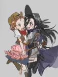  2girls bandana black_hair black_hat blush boots bound brown_hair brown_hat chaps cowboy_hat cowboy_western dress eyelashes garter_straps gaucho grey_background gun hat head_on_head head_rest high_heel_boots high_heels holster kamisaki_hikaru legs_back light_blush long_hair medalist_(manga) multiple_girls one_eye_closed orange_hair pink_dress plzfill_blank purple_bandana purple_dress red_bandana short_hair smile standing standing_on_one_leg tied_up_(nonsexual) tomboy weapon whip yellow_eyes yuitsuka_inori 