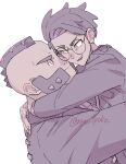  2boys closed_mouth commentary_request corbeau_(pokemon) eye_contact facial_hair glasses highres hug jacket long_sleeves looking_at_another male_focus mohawk multiple_boys mutton_chops nyoripoke open_mouth philippe_(pokemon) pokemon pokemon_legends:_z-a round_eyewear short_hair teeth twitter_username upper_body 