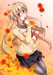  autumn autumn_leaves bad_anatomy bad_id bad_pixiv_id bespectacled black_legwear black_skirt blush book commentary_request glasses hair_ornament hair_ribbon highres kantai_collection leaf light_brown_hair long_hair looking_at_viewer maple_leaf murasame_(kantai_collection) narukami_ginryuu open_mouth pantyhose plaid plaid_scarf pleated_skirt red-framed_eyewear red_eyes ribbon scarf school_uniform serafuku skirt smile solo sweater twintails 