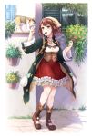  :d atelier_(series) atelier_sophie boots brown_eyes brown_footwear brown_hair cat choker coat corset day frilled_skirt frills full_body green_coat highres jewelry necklace open_clothes open_coat open_mouth outdoors red_skirt shireru_illust short_hair skirt smile solo sophie_neuenmuller standing 