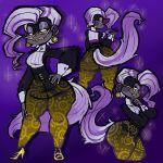 anthro big_butt black_body black_fur bottom_heavy bottomwear butt clothed clothing colored_nails cuffs_(clothing) donkey_kong_(series) donkey_kong_bananza doofsickle ear_piercing eyelashes eyewear fangs female front_view fur glasses gold_shoes grey_body grey_clothing grey_fur grey_topwear hair hand_on_hip haplorhine hi_res kong lipstick looking_at_viewer looking_back looking_back_at_viewer makeup mammal monkey nails nintendo pants pattern_bottomwear pattern_clothing pattern_pants piercing poppy_kong primate purple_background purple_hair purple_tail rear_view side_view simple_background solo tail teeth thick_thighs topwear wide_hips yellow_eyes yellow_lipstick yellow_nails