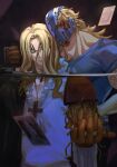  2boys basil_hawkins blade_to_throat blonde_hair blood blood_on_face blue_shirt broken_mask closed_mouth commentary_request death_(tarot) denisefanta epaulettes facial_hair glowing glowing_hand highres killer_(one_piece) long_hair male_focus mask mature_male multiple_boys one_piece poet_shirt shirt tarot 
