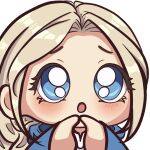  1girl :o absurdres blonde_hair blue_cloak blue_eyes blush cassie_(shadow_slave) catphine chibi chibi_only cloak dress highres hood hooded_cloak index_fingers_together long_hair shadow_slave solo sparkling_eyes upper_body white_dress 