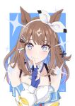  +_+ 1girl absurdres almond_eye_(the_changer)_(umamusume) almond_eye_(umamusume) aniani_ai animal_ears bare_shoulders blue_eyes blue_gloves blush bow_hairband braid braided_sidelocks breasts brown_hair checkered_collar closed_mouth collarbone colored_inner_hair commentary_request detached_sleeves dress fingerless_gloves gloves hair_ornament hairband hairclip highres horse_ears horse_girl long_hair looking_at_viewer multicolored_hair red_button sidelocks smile solo symbol-shaped_pupils umamusume upper_body white_hairband x-shaped_pupils 