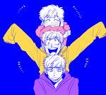  3boys arm_rest bad_id bad_twitter_id blue_background blush brothers closed_eyes hood hoodie male_focus matsuno_ichimatsu matsuno_juushimatsu matsuno_todomatsu messy_hair multiple_boys osomatsu-kun osomatsu-san siblings simple_background sleeves_past_wrists smile surgical_mask wall-eyed 