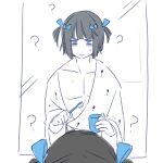  1boy ? bags_under_eyes bathrobe black_hair blue_eyes blue_ribbon blunt_bangs bob_cut bruno_bucciarati commentary_request cup holding holding_cup jojo_no_kimyou_na_bouken looking_at_mirror luminous_slime male_focus messy_hair mirror no_nose partially_colored ribbon short_hair sweatdrop toothbrush two_side_up vento_aureo 