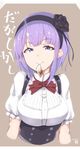  blue_eyes breasts dagashi_kashi dated flower hair_flower hair_ornament hairband highres large_breasts looking_at_viewer mku mouth_hold purple_hair ribbon ringed_eyes shidare_hotaru short_hair simple_background smile solo suspenders translated upper_body 