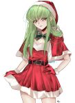  1girl absurdres bow bowtie breasts budgiepon c.c. cape cleavage code_geass commentary_request cowboy_shot dress gloves green_bow green_bowtie green_hair hat highres long_hair looking_at_viewer medium_breasts red_cape red_dress red_gloves red_hat santa_cape santa_costume santa_dress santa_hat simple_background solo thighs very_long_hair white_background yellow_eyes 