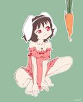  animal_ears artist_name bare_shoulders barefoot black_hair bunny_ears carrot carrot_necklace erwnoid fishing_hook full_body green_background hands_on_floor highres hook inaba_tewi jewelry nightgown pendant red_eyes short_hair signature simple_background skeptical solo squatting touhou 