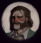  1boy blush brown_hair collared_shirt demermio disco_elysium facial_hair frown_lines green_jacket hair_slicked_back harry_du_bois highres jacket lips male_focus mustache mutton_chops necktie nose realistic shirt short_hair solo upper_body wrinkled_forehead 